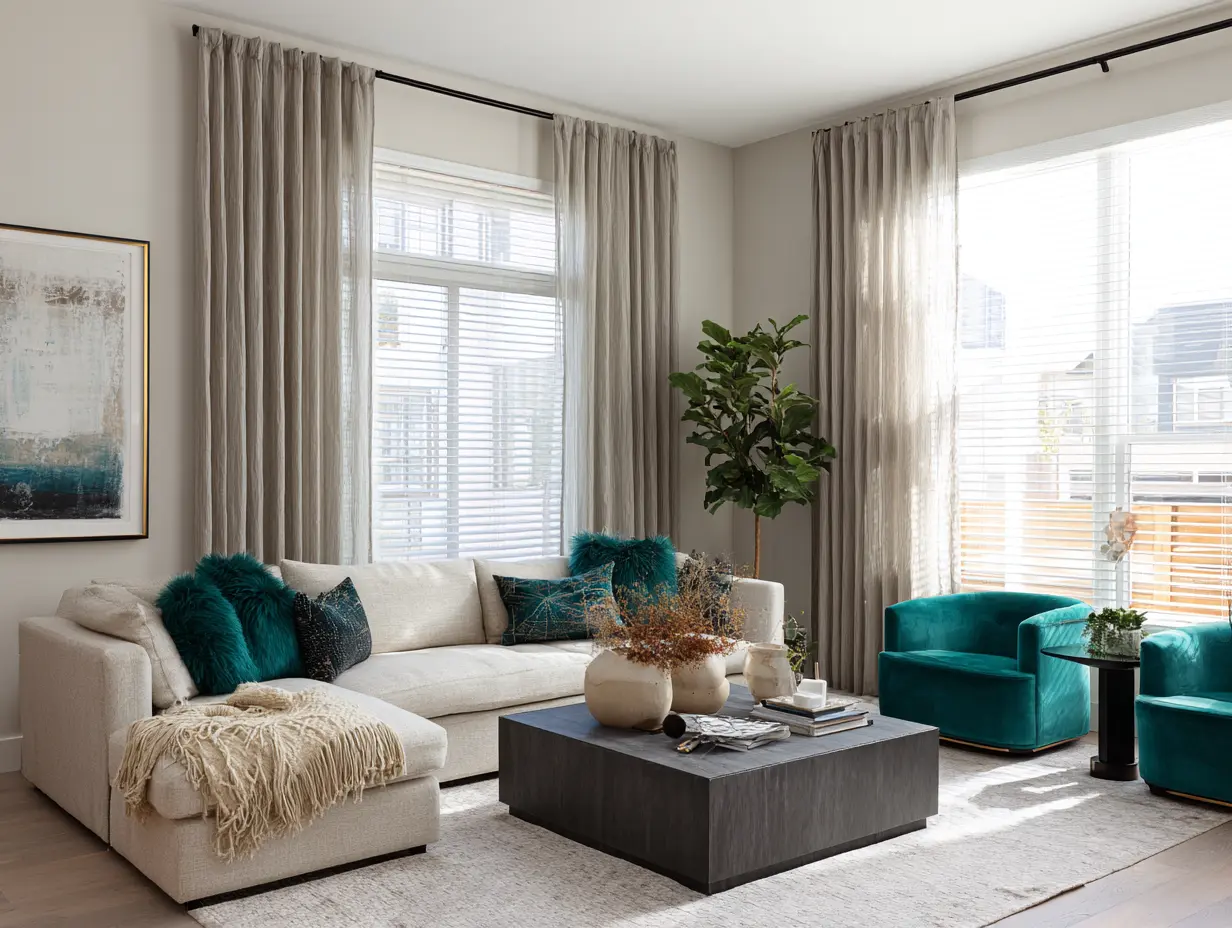 Modern living room with layered sheer and textured cotton curtains, blackout lining for light control, and a cozy seating area styled for movie nights and coffee chats.