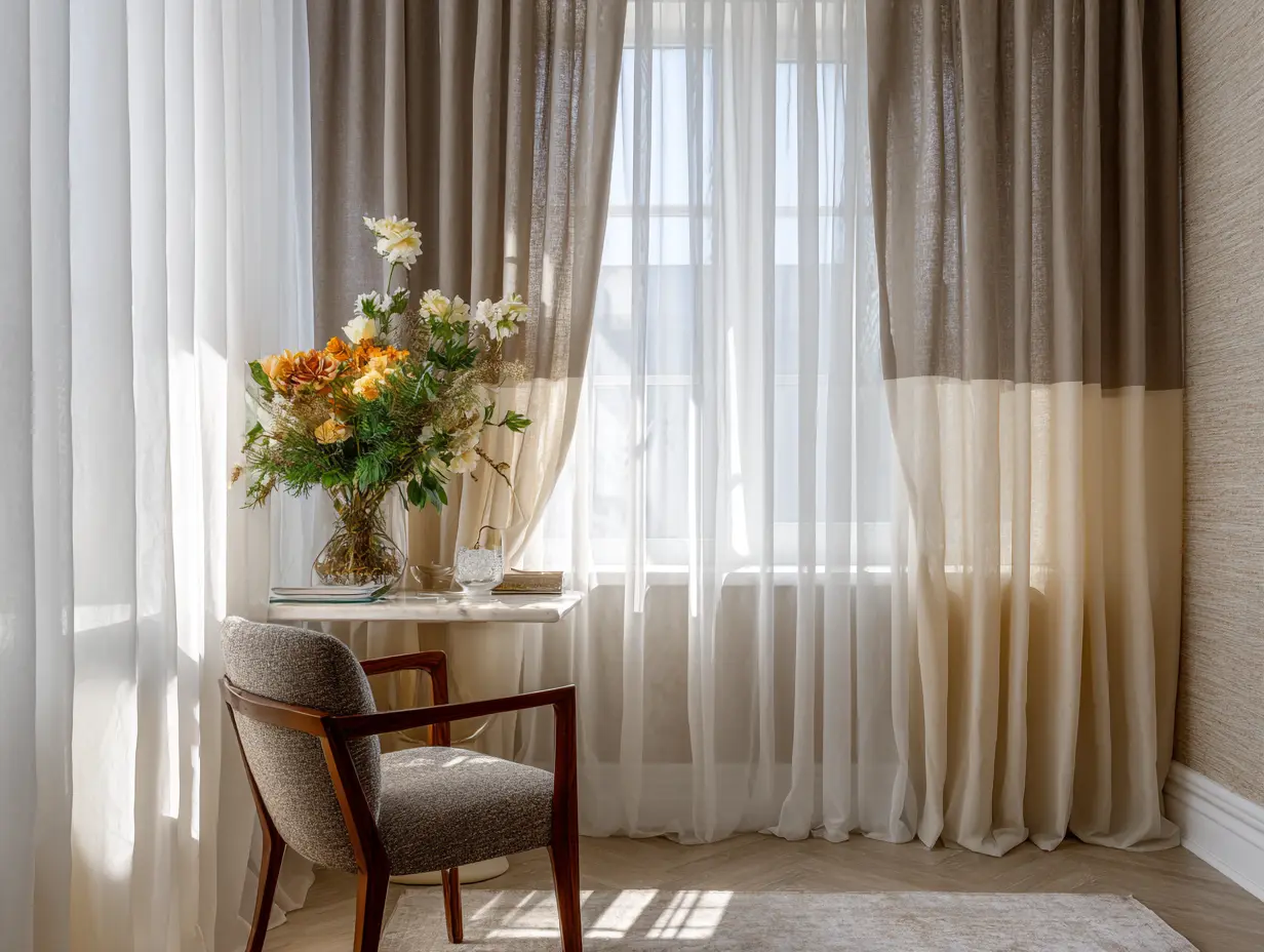 Layered window treatment with sheer white panels and taupe linen curtains on a double rod, combining light, texture, and warmth for a polished, designer look.