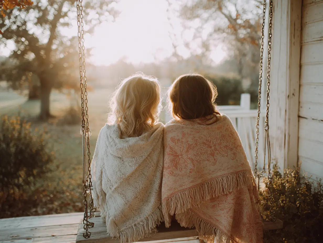 Two women talking on a porch swing at dusk, comforting each other through seasons when you just don’t know what to do with your life