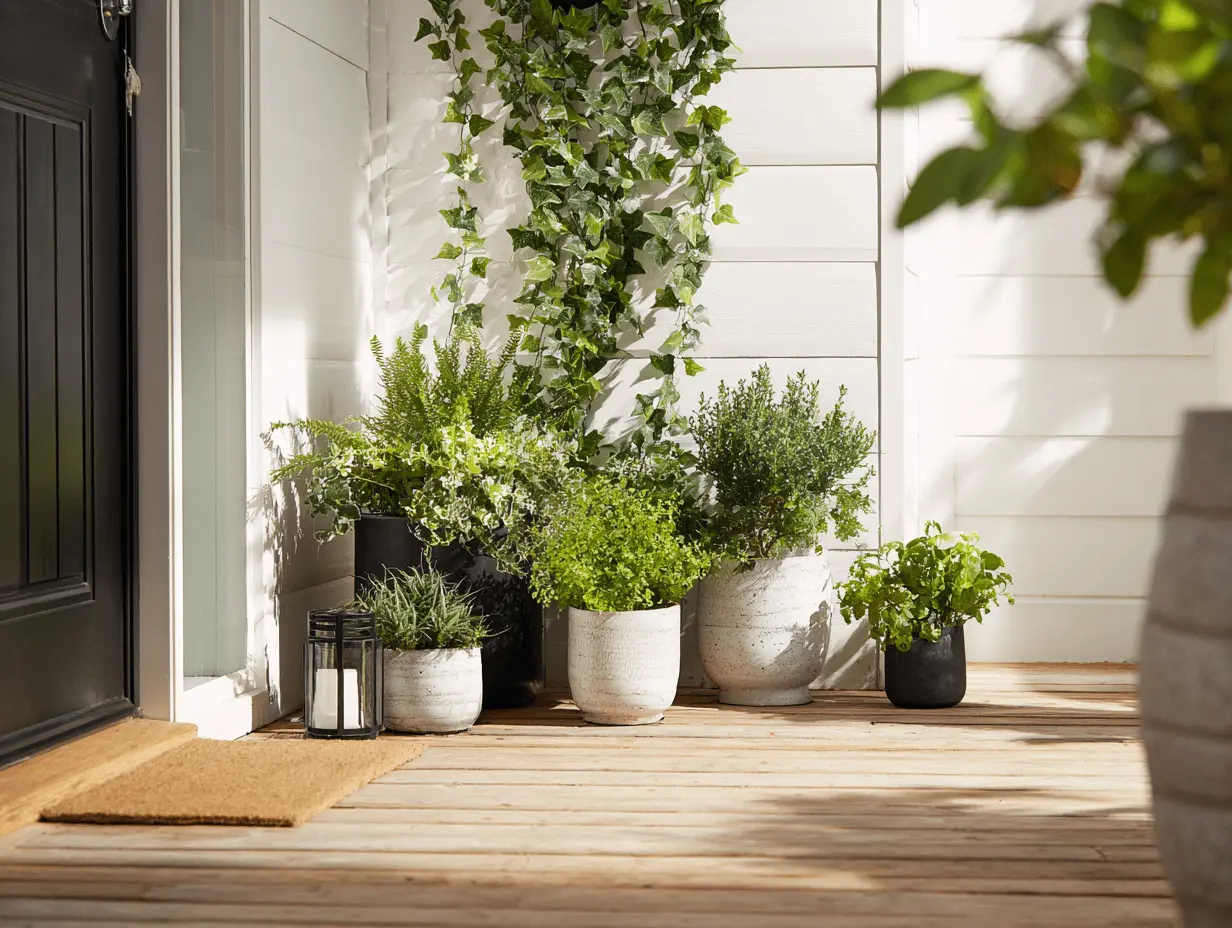 Compact porch with wall planter, faux ivy, and potted herbs in rustic containers