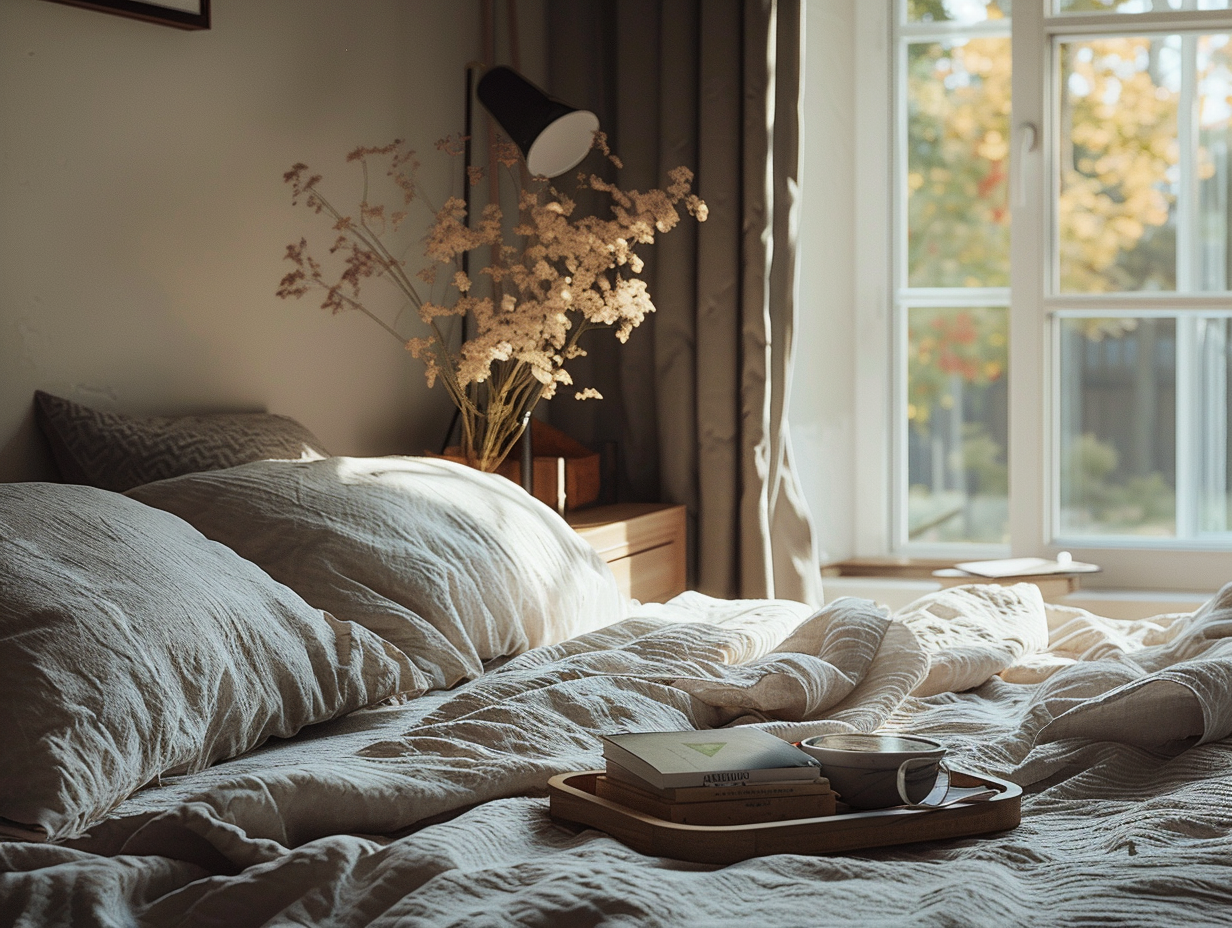 Lake house bedroom with linen bedding and wooden bedside tray styling