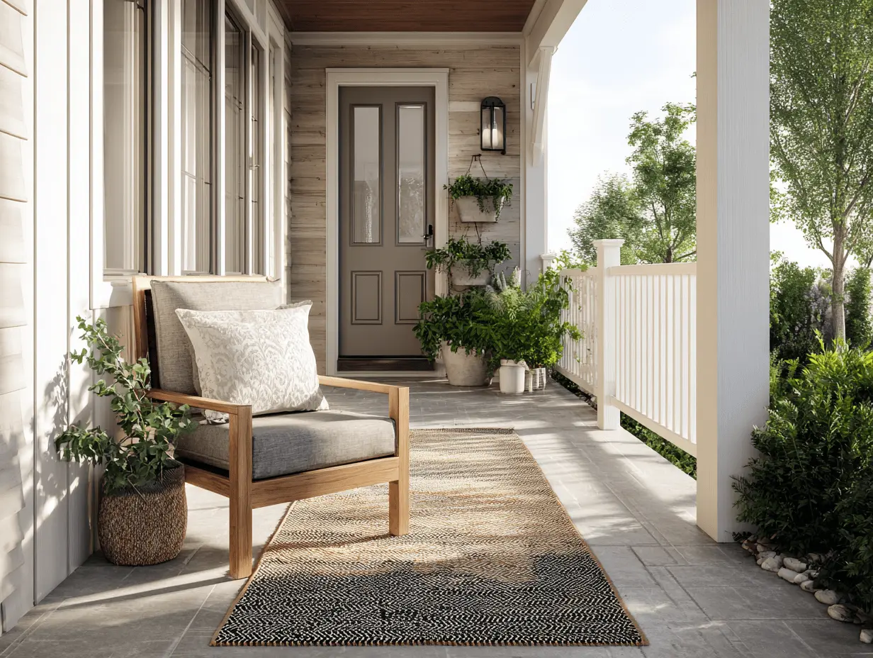 Narrow front porch with cushioned chair, tall lantern, and layered rugs in warm tones
