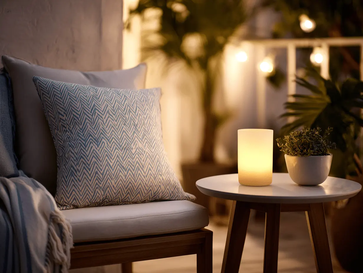 Styled front porch with citronella candle on small table, outdoor pillow, and soft lighting