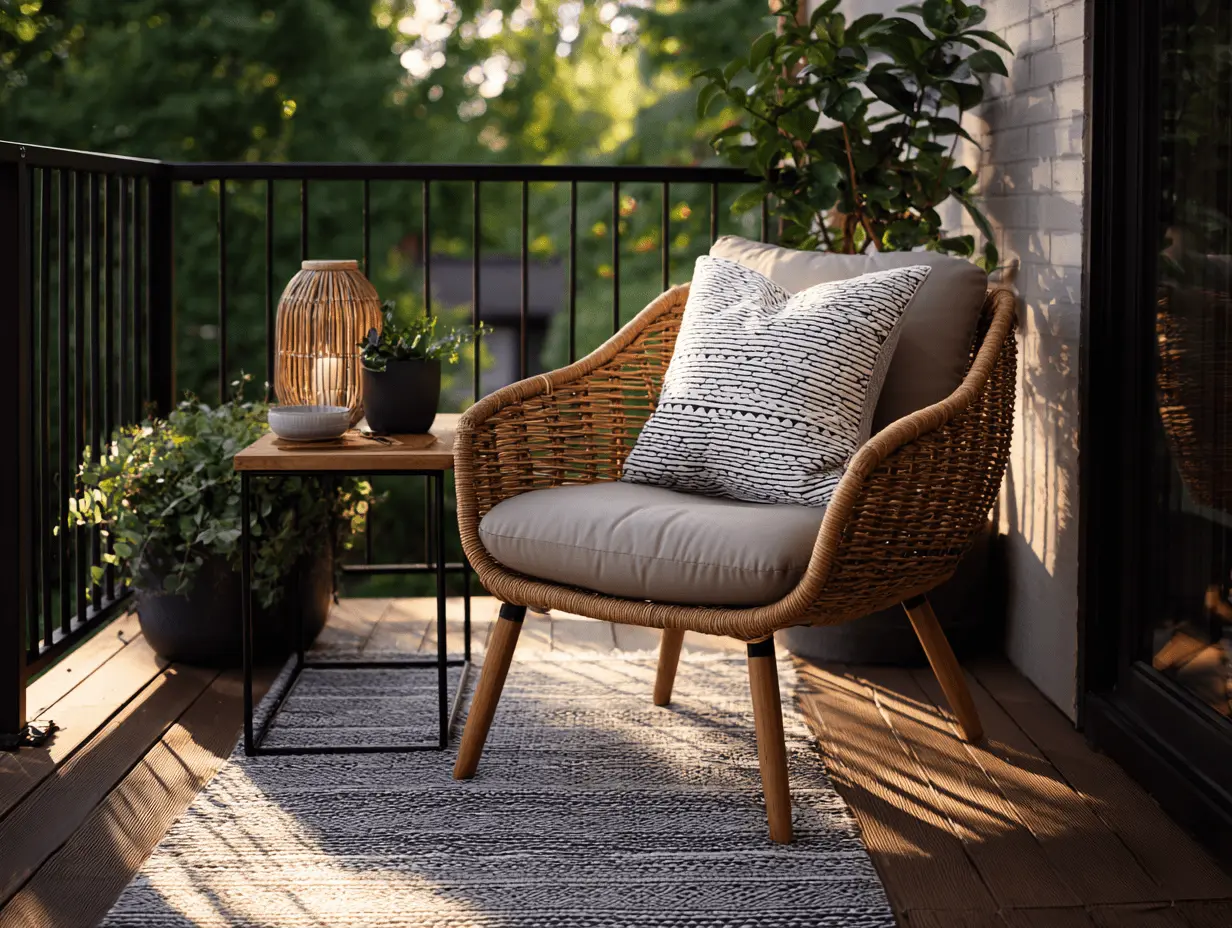 Styled summer porch with side table, rattan chair, outdoor rug, and soft filtered sunlight