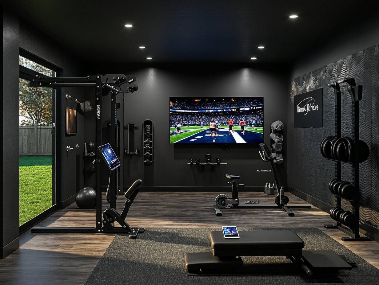 Modern black garage gym ideas featuring technology integration and smart equipment for enhanced workouts