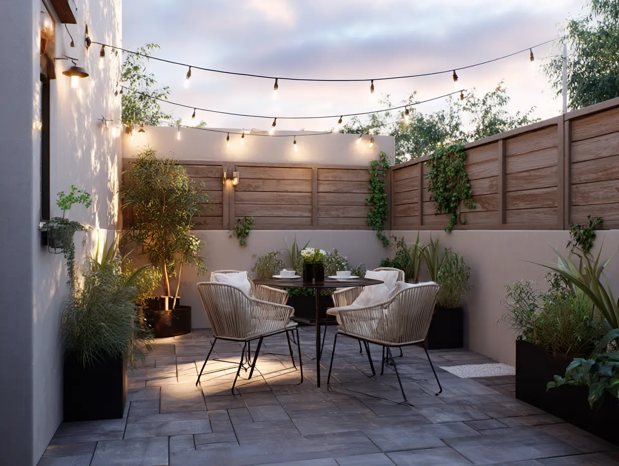 Small backyard design stylish modern string lights, compact patio dining set, and lush plants in black planters against a tall privacy fence at dusk