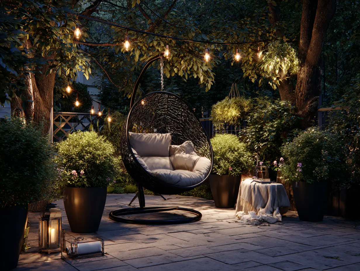 small backyard patio with modern egg chair under soft string lights, surrounded by greenery in sleek planters, set on a dark composite deck with cozy textures for a stylish outdoor retreat

