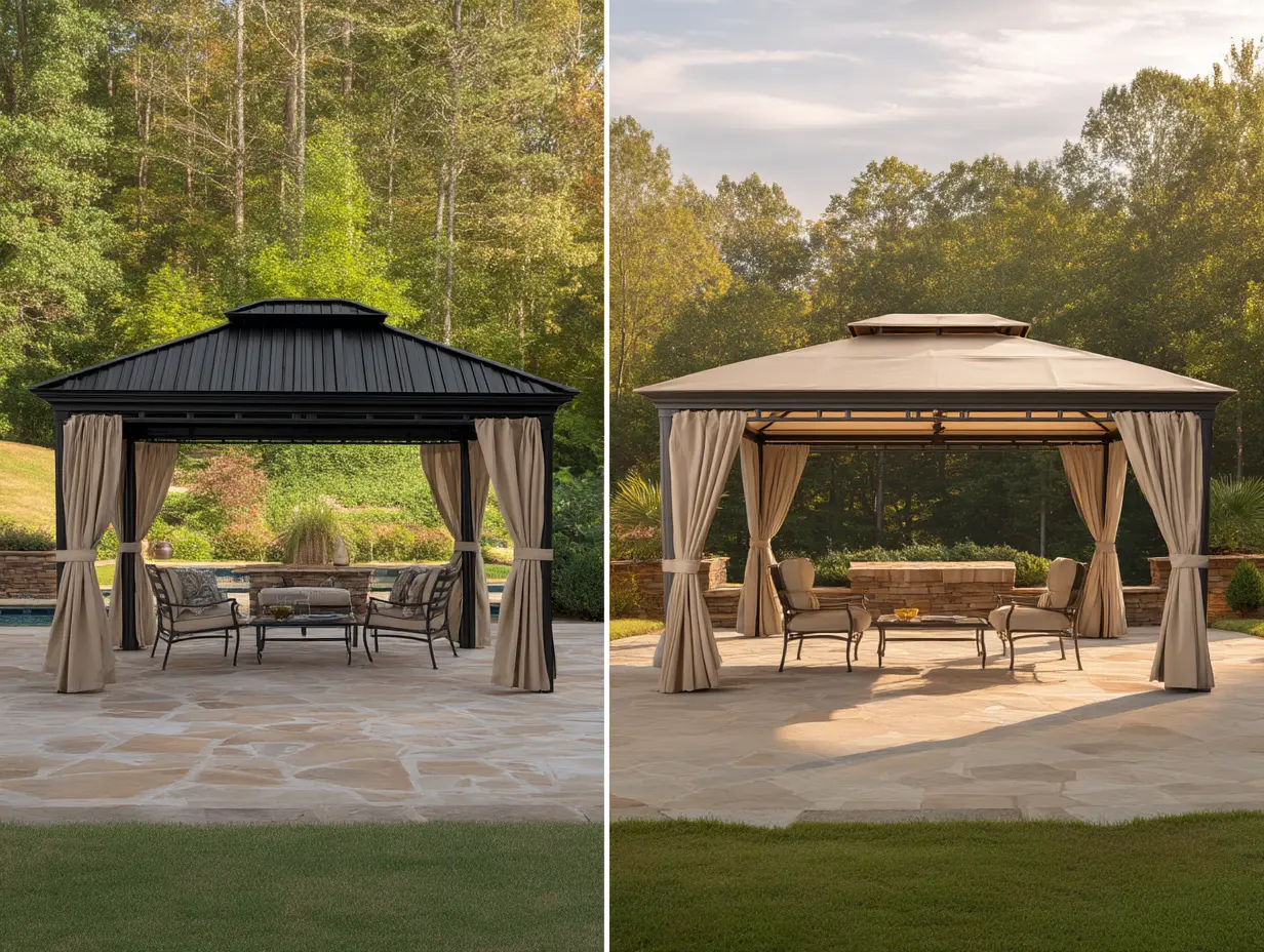 Side-by-side image showing hardtop gazebo with black metal roof and soft top gazebo with light fabric canopy and curtains, both set on stone patios in landscaped backyard settings