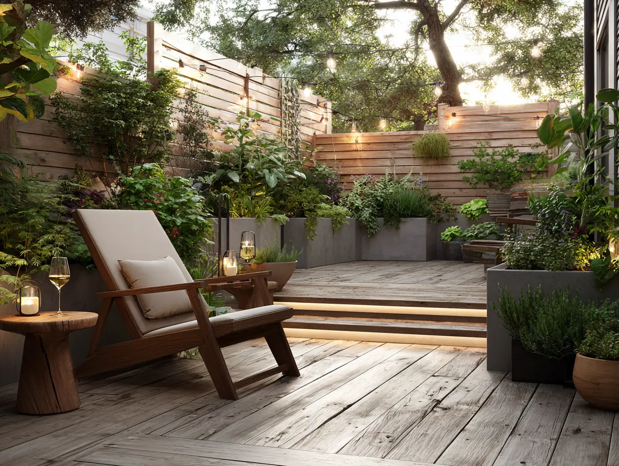 elevated small backyard deck with modern acacia lounge chair, layered levels, and built-in planter boxes, designed for style and function in a compact outdoor space


