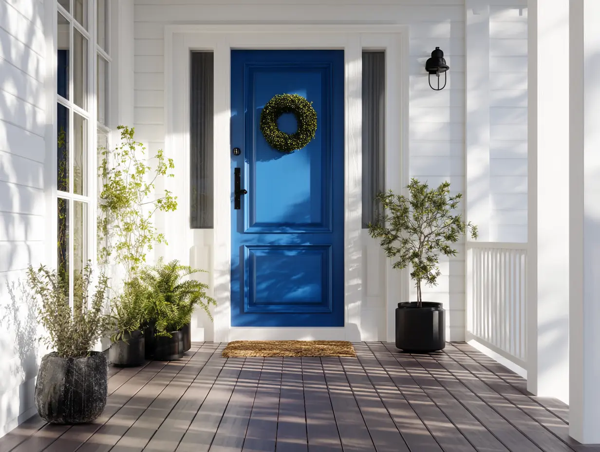 Blue-painted front door with modern decor and seasonal wreath