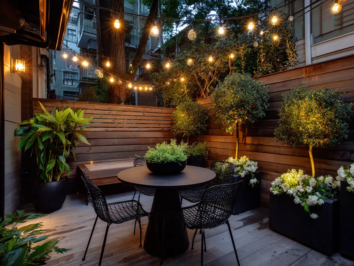 bold string lights and a modern solar chandelier glowing over a small backyard dining setup, surrounded by dramatic greenery and sleek planters, creating a vibrant, high-style outdoor space

