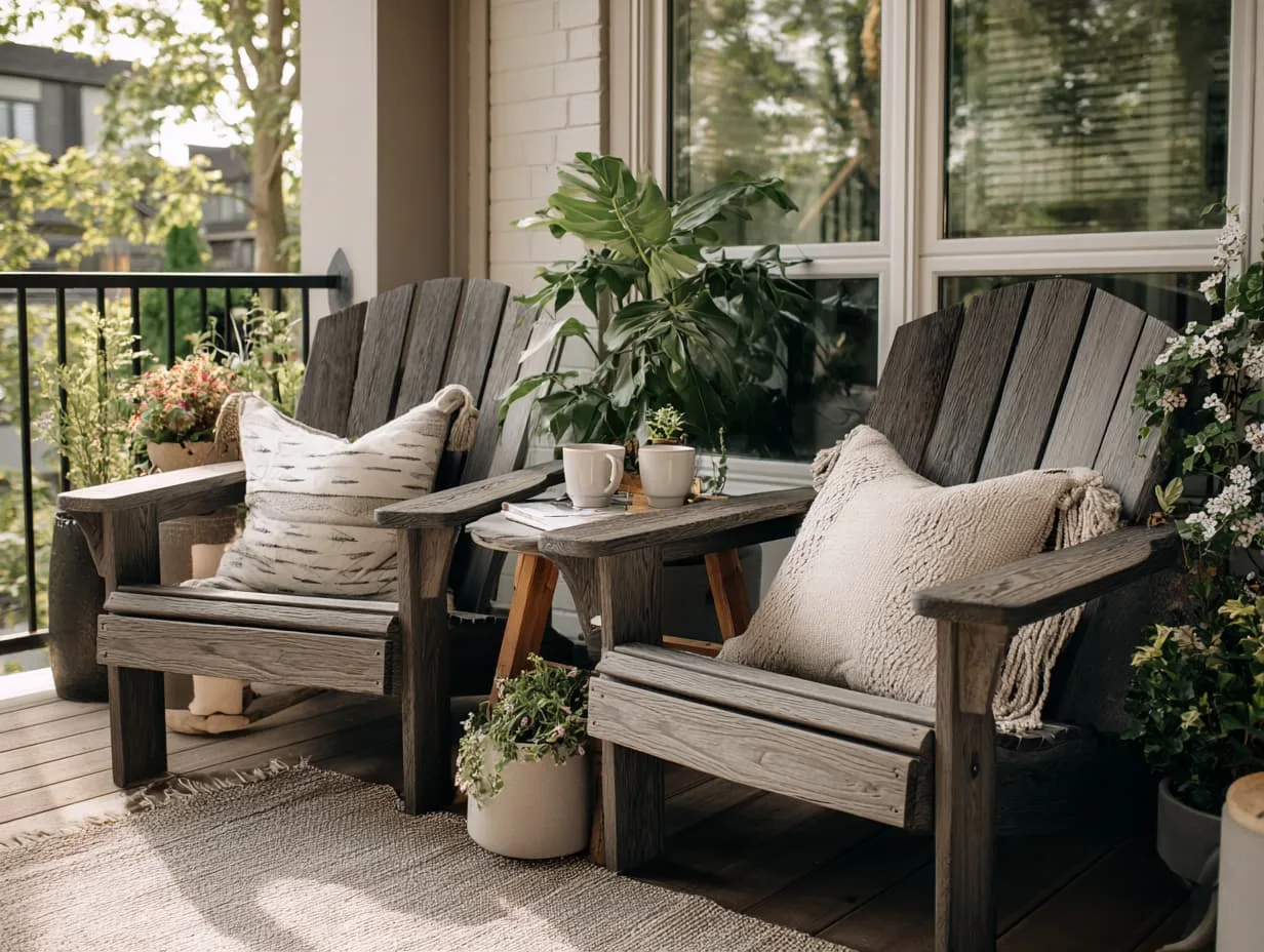 Summer porch decor with a pair of weather-resistant Adirondack chairs, soft outdoor cushions, small side table with coffee cups