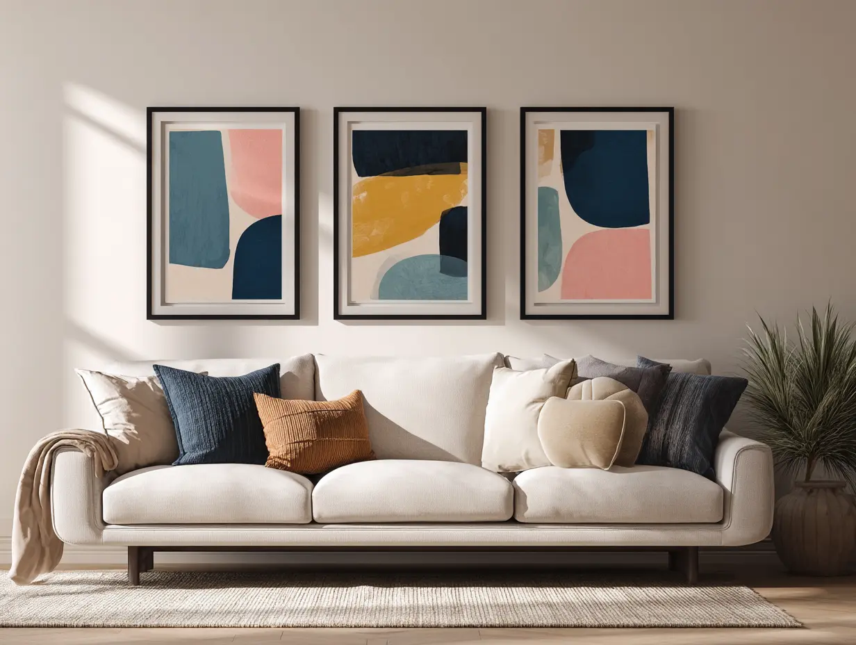 Oversized abstract canvas in bold colorful tones styled above a modern console