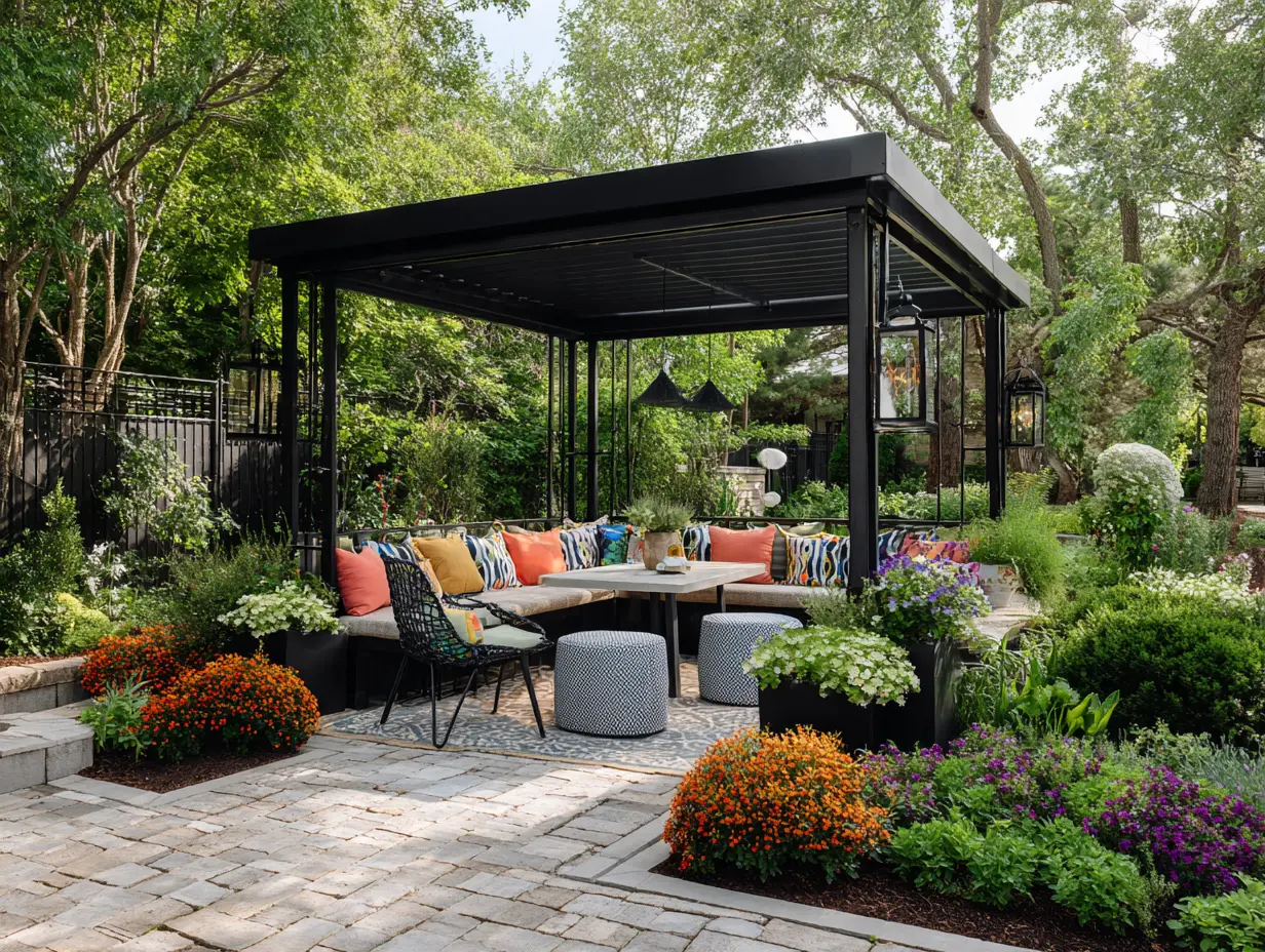 Backyard gazebo ideas with black metal frame, garden landscaping, paver flooring, and layered seating in a real-life, casual outdoor setup

