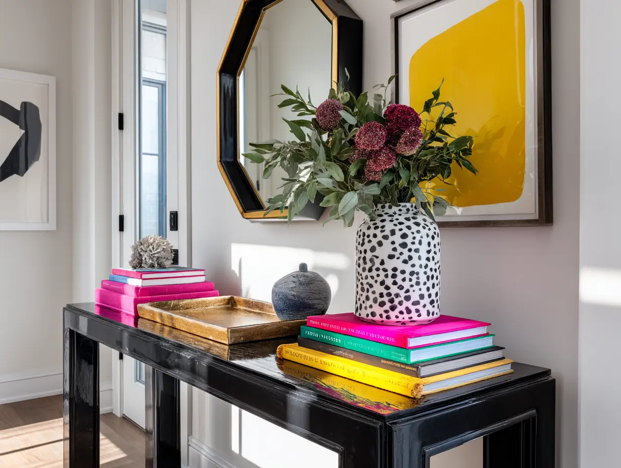Entryway console with stacked books, tray, and styled decor accents