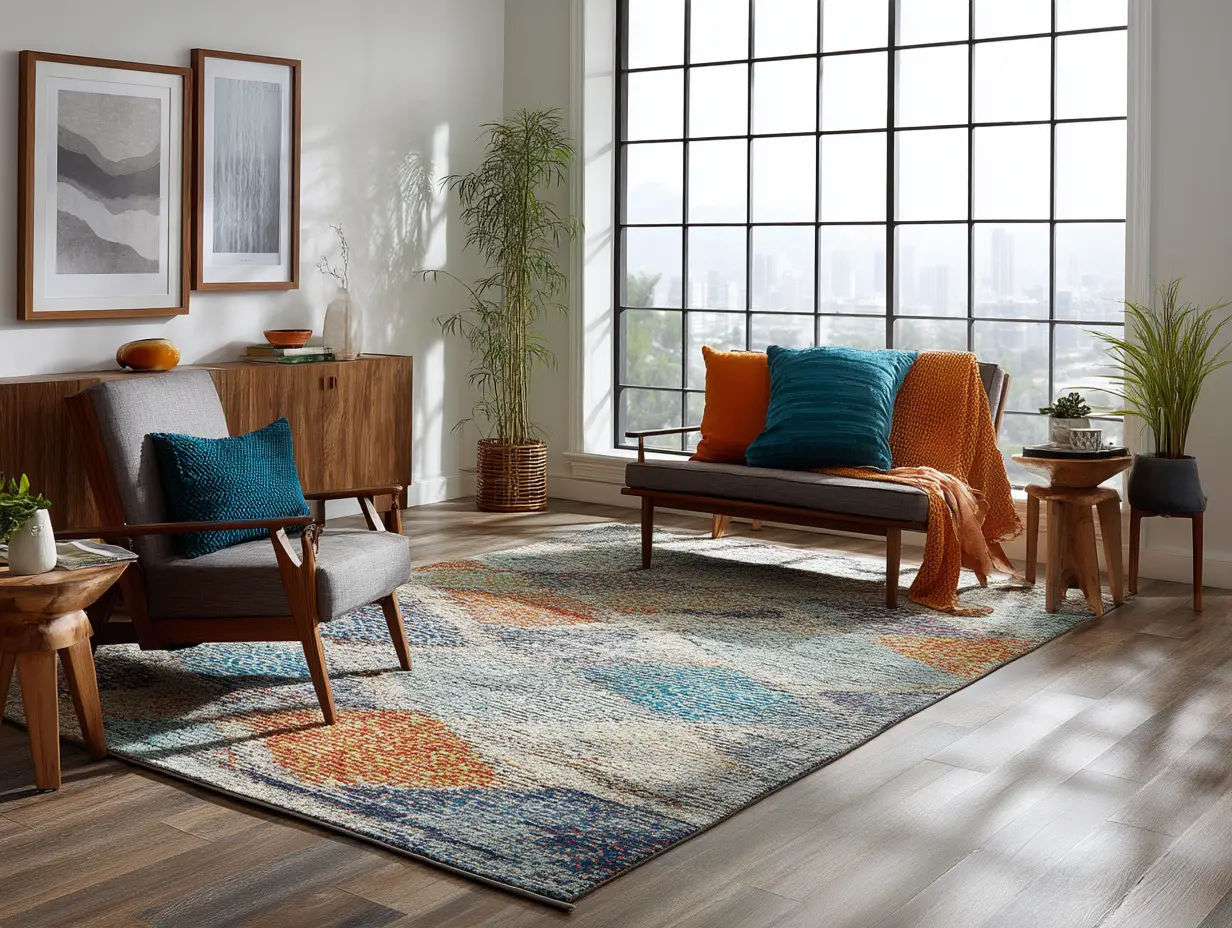Vibrant woven rug layered over wood floors in a sunlit room