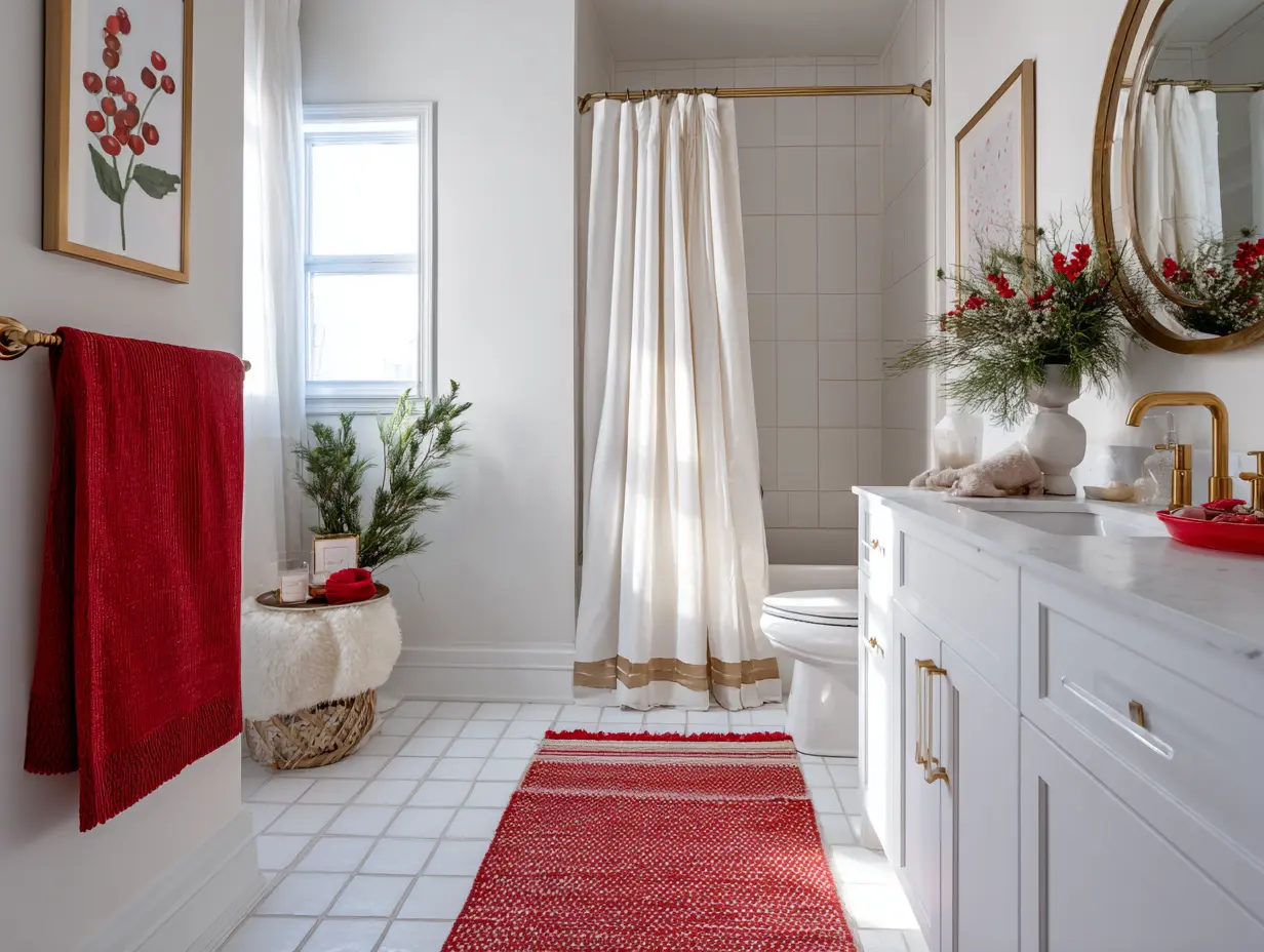 Neutral bathroom cherry-themed, white tile, soft lighting, and subtle red accents.