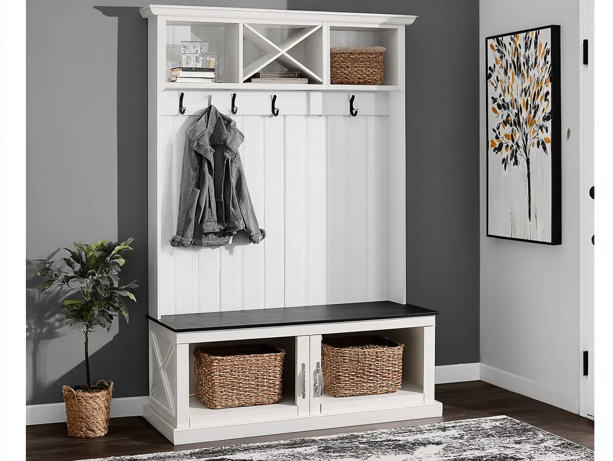 Mobile home entryway styled with a storage bench and wall hooks, organized shoes and baskets creating a clutter-free makeover look.