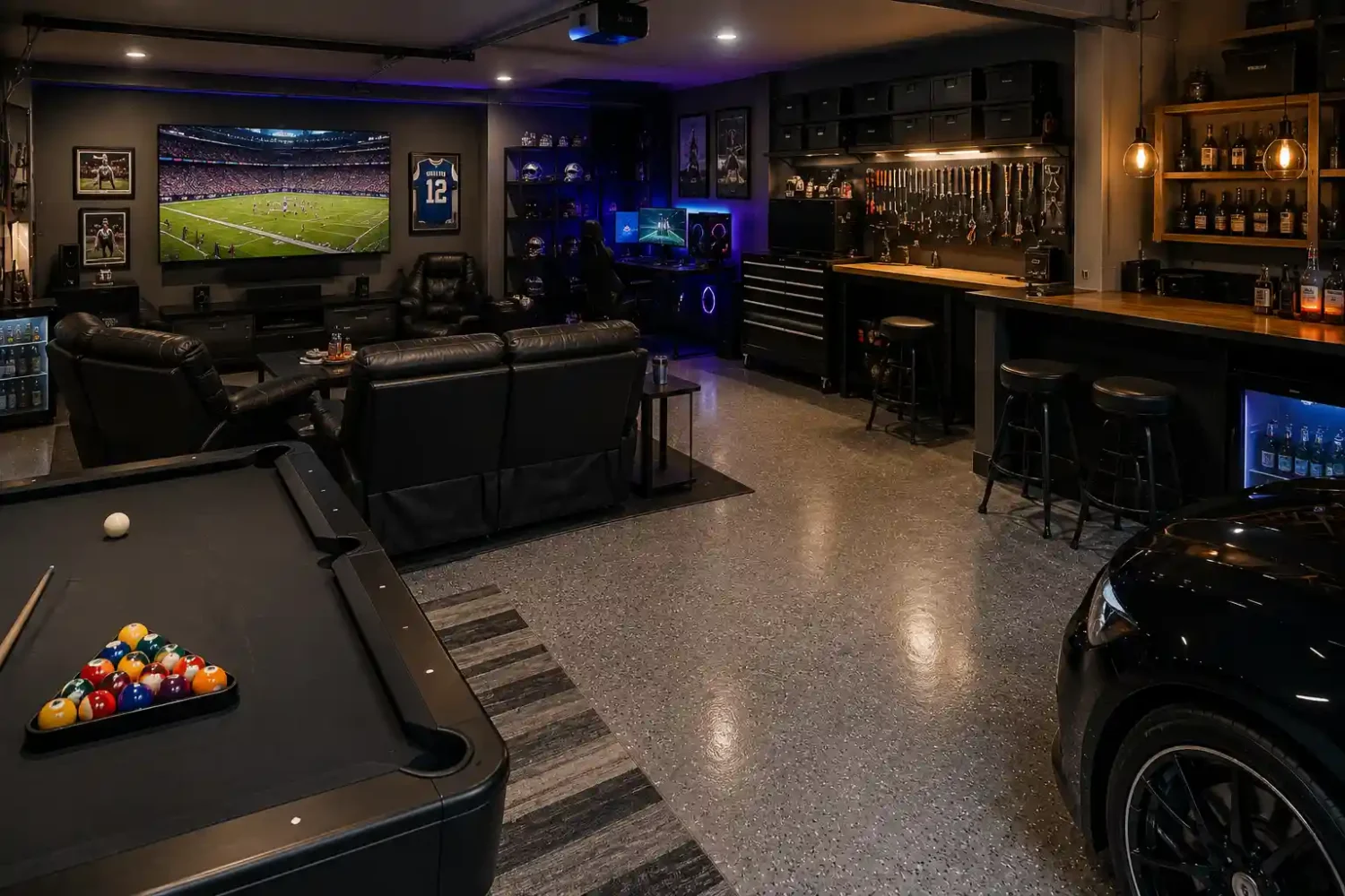 Best garage man cave ideas showing a versatile garage with sports, gaming, DIY workspace, bar seating, and open floor space for multiple uses.