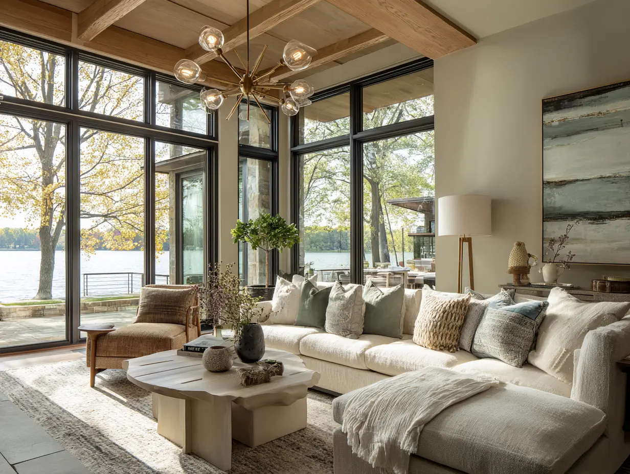 Modern lake house lighting featuring a sculptural chandelier in a bright living room with floor-to-ceiling windows overlooking the lake, natural wood beams, and layered ambient glow.