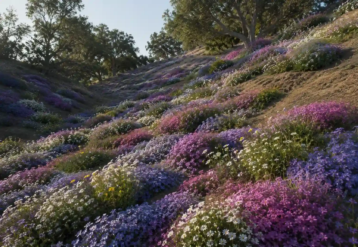 Colorful hillside covered in creeping phlox, vinca, and pachysandra, mixed with clover patches, stabilized with woven landscape fabric, bright daylight.