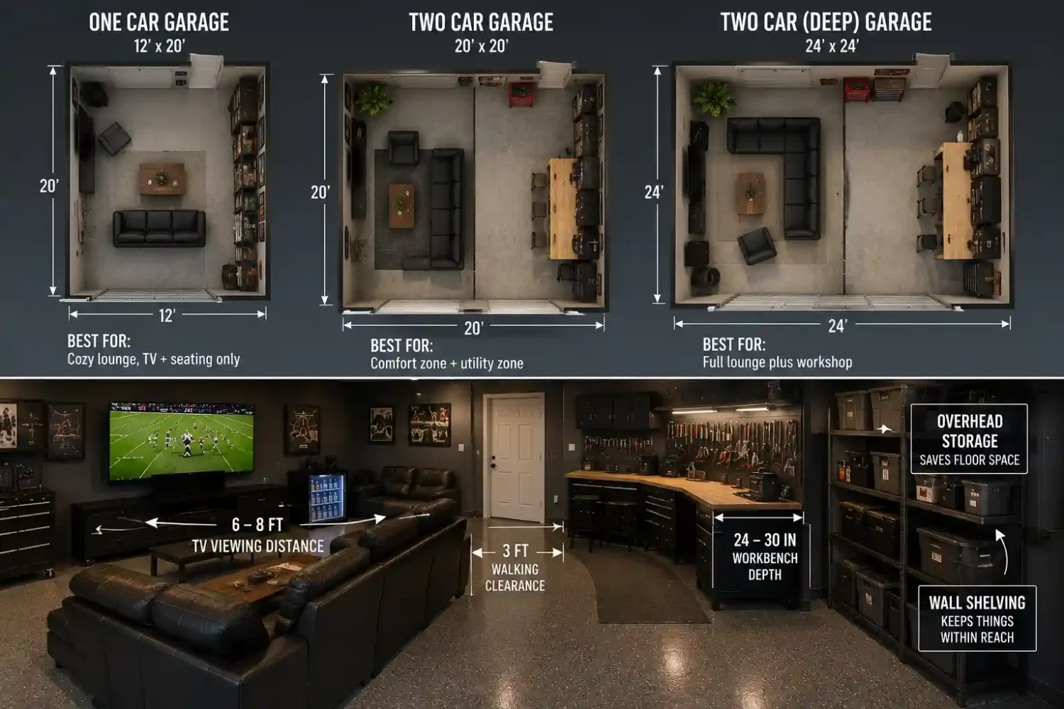 Garage man cave dimensions with seating area, workbench, storage, and recommended clearance for one-car and two-car garage layouts.