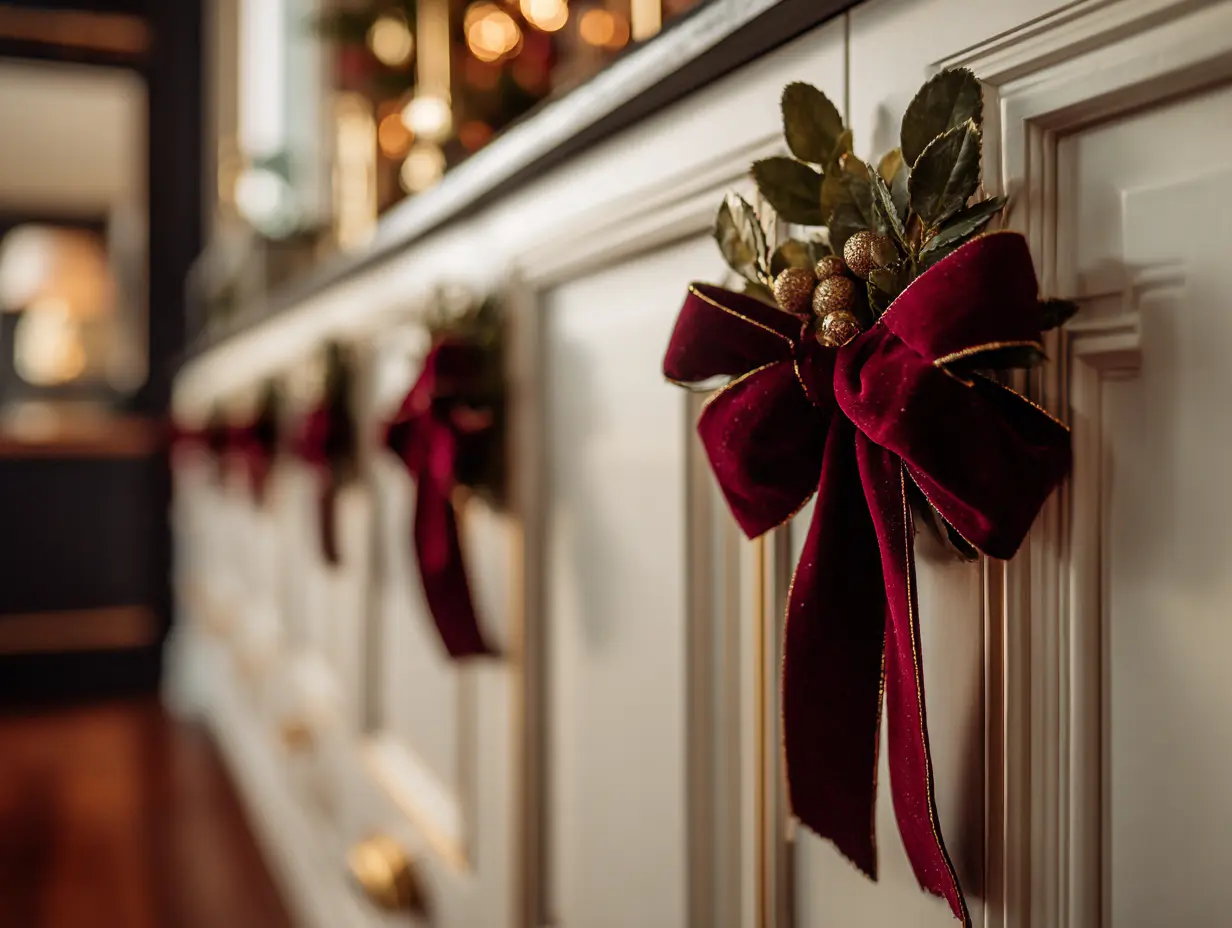 Close-up editorial of white shaker cabinets with mini wreaths on deep red velvet ribbon, rustic holiday details, warm golden light, moody farmhouse Christmas styling.