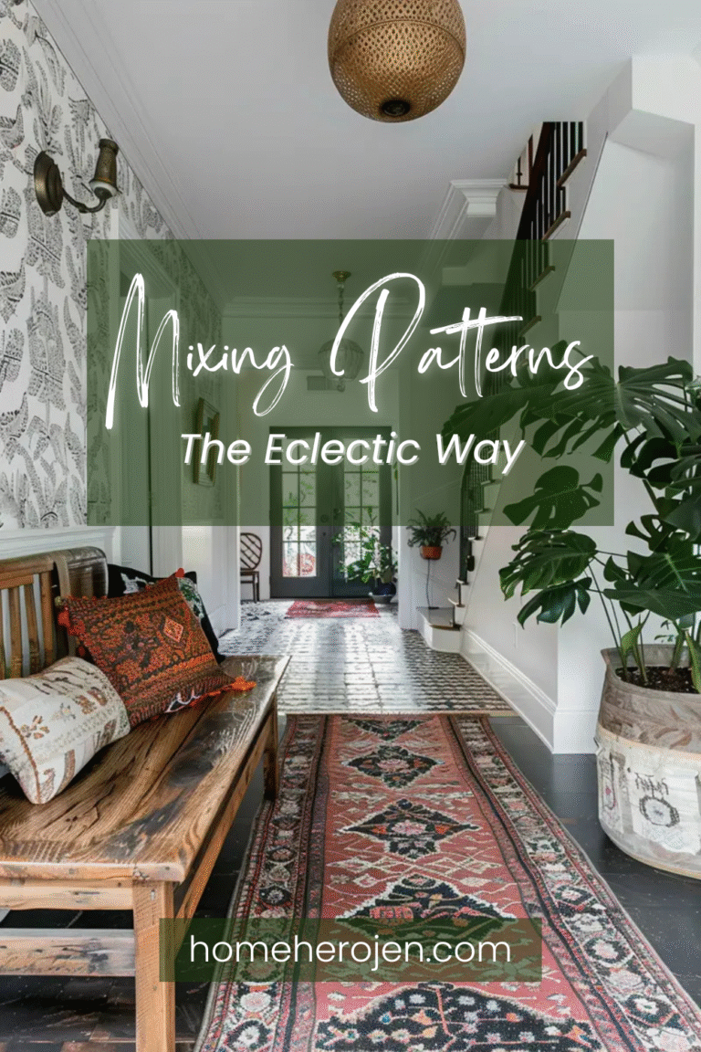 Eclectic home style entryway with layered rugs, patterned tile, wallpaper, and a mix of textures—save this for pattern mixing home decor inspiration.