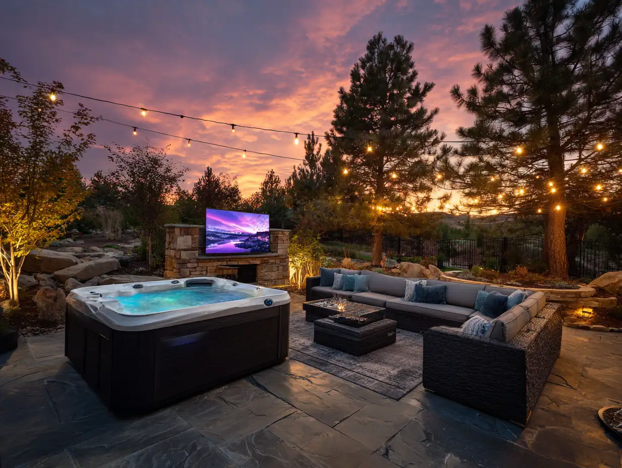 Outdoor man cave ideas showcasing a backyard entertainment setup with a hot tub, outdoor sectional seating, mounted TV, and string lights creating a relaxed outdoor retreat at sunset.