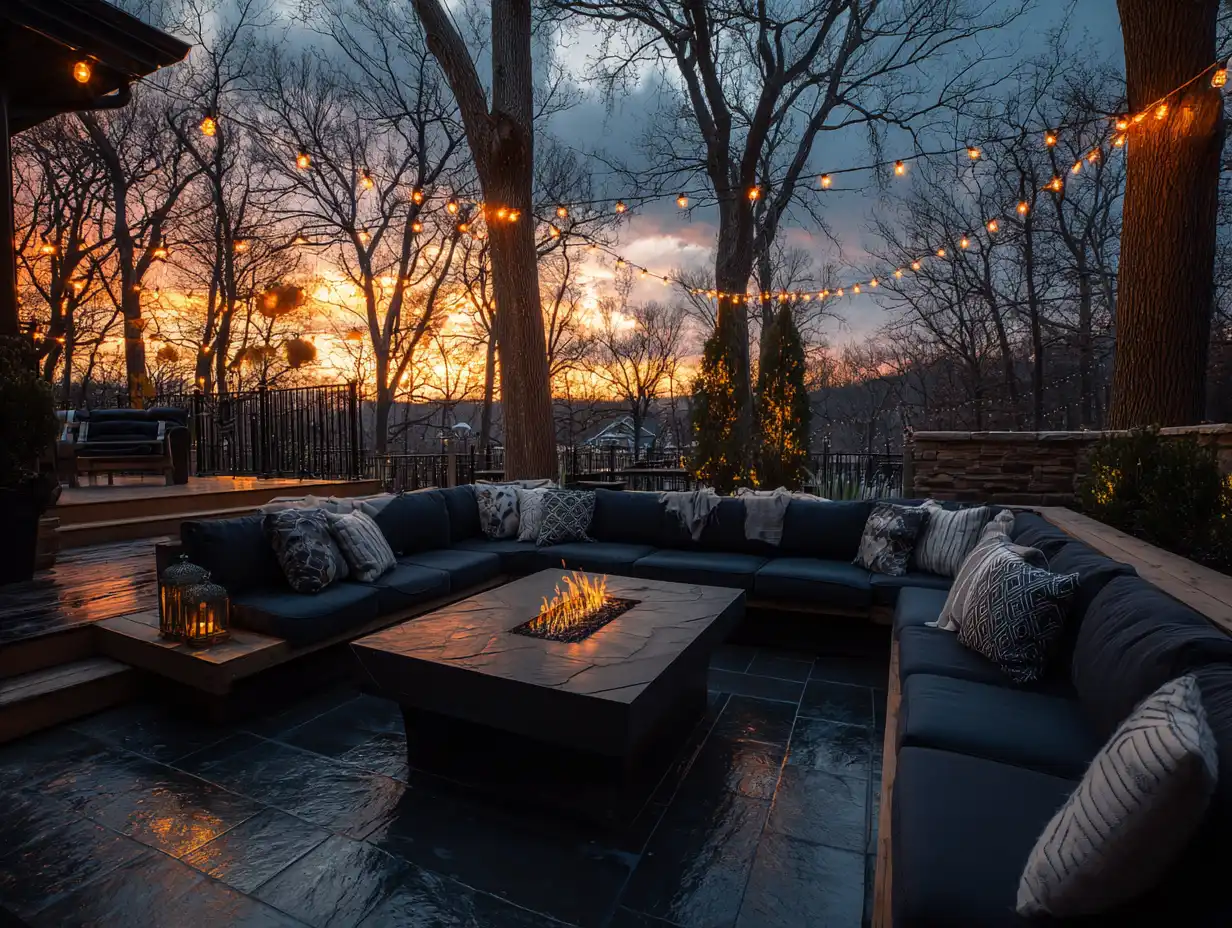 Outdoor man cave ideas featuring a modern backyard seating area with a large sectional sofa, built-in fire pit table, and overhead string lights creating an inviting outdoor entertainment space at sunset.