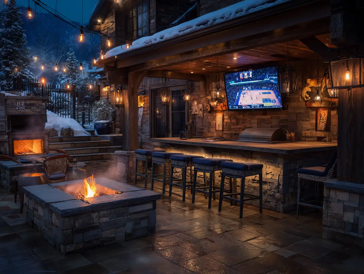 Outdoor man cave ideas showing a winter-ready backyard setup with a covered bar area, wall-mounted TV, stone fire pit, string lights, and snow-covered surroundings designed for cold-weather entertaining.