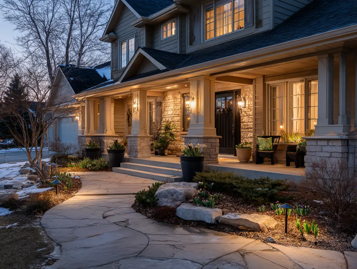 Front porch lighting ideas with outdoor sconce lights, pathway lights along stone walkway, and warm ambient lighting at dusk.