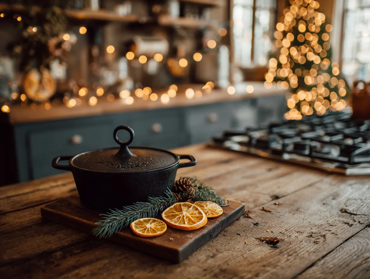 Rustic kitchen stovetop with a cast iron simmer pot, dried oranges, and cedar sprigs—warm, cozy textures styled simply for a holiday-ready kitchen.