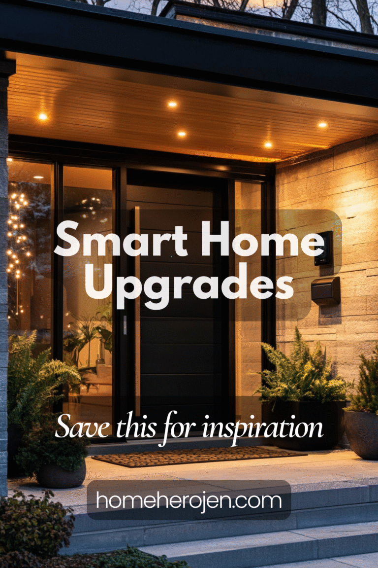 Smart home front entry with sleek security keypad and video doorbell — perfect cozy upgrade idea for curb appeal and tech-savvy homeowners. Pin this smart home upgrade for later!