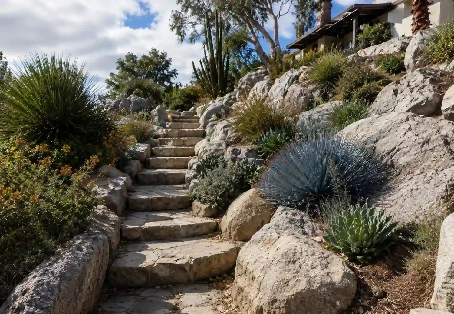 Steep hillside transformed with switchback pathway, drought-tolerant plants, decorative rocks, erosion control fabric visible.