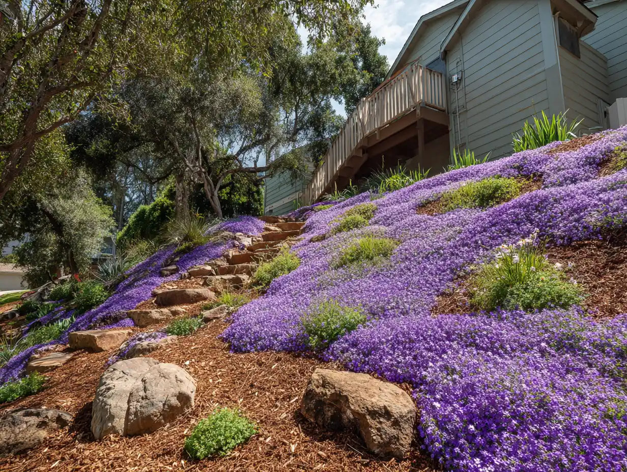Steep sloped backyard with creeping phlox, vinca, and clover covering the hill, bold mulch base, low-maintenance erosion-resistant plants.