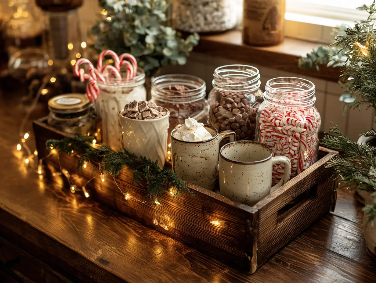Wood hot cocoa bar box with three glass jars, enamel mugs, and wooden accents styled on a tray—cozy, organized, and functional holiday cocoa setup.