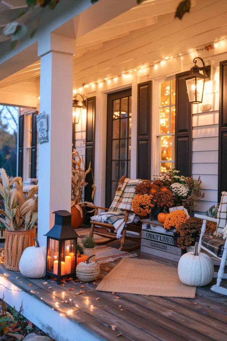 Fall front porch at golden hour featuring string lights, black lanterns with glowing candles, white pumpkins, layered rugs, and overflowing mums styled with wooden crates and plaid blankets.