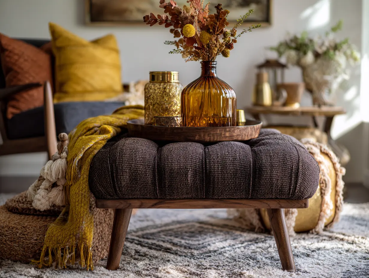 Living room corner styled with jute ottoman, fall home decor, and vintage accents for a personal autumn setup.