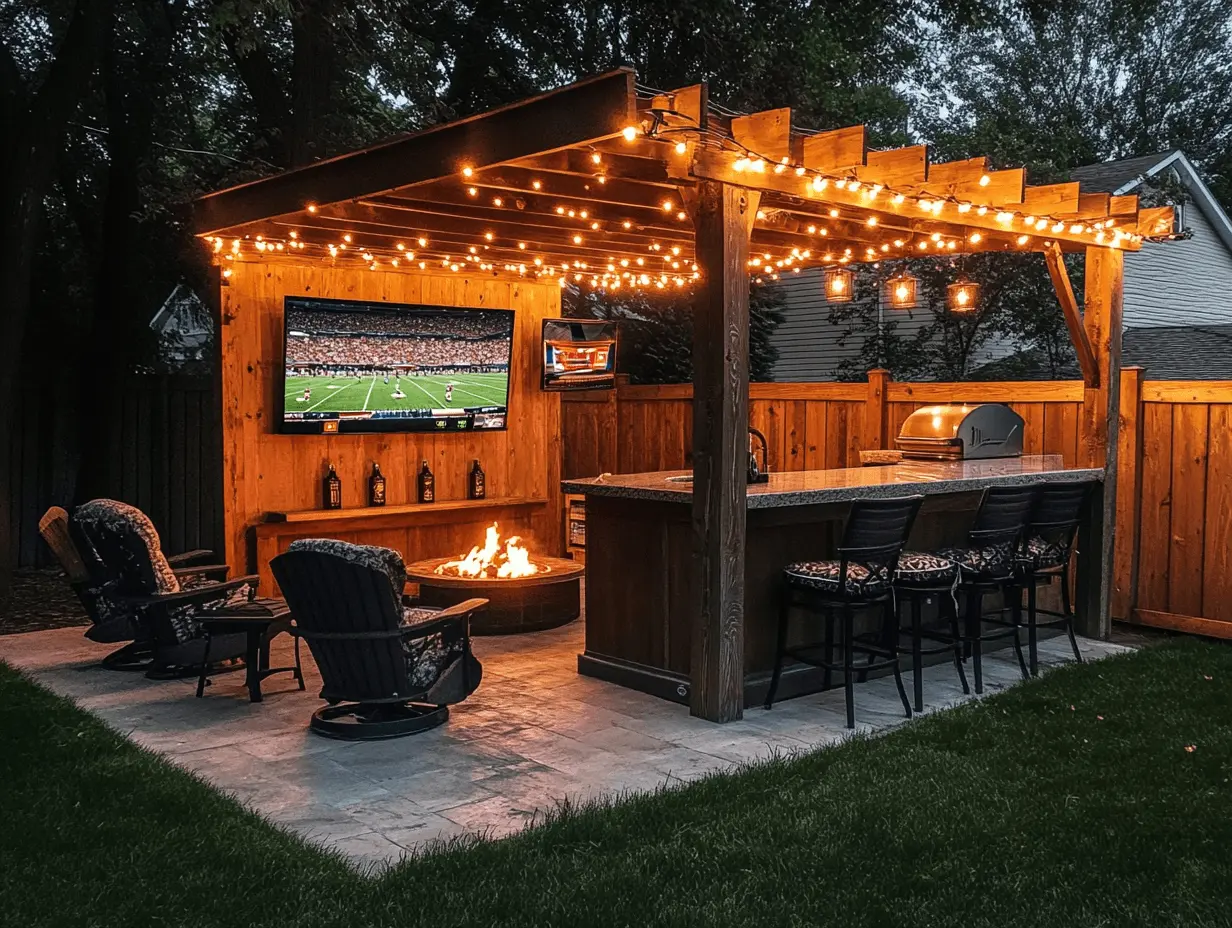Backyard man cave with wall-mounted outdoor TV and patio seating — pin this outdoor TV man cave idea for your dream setup!