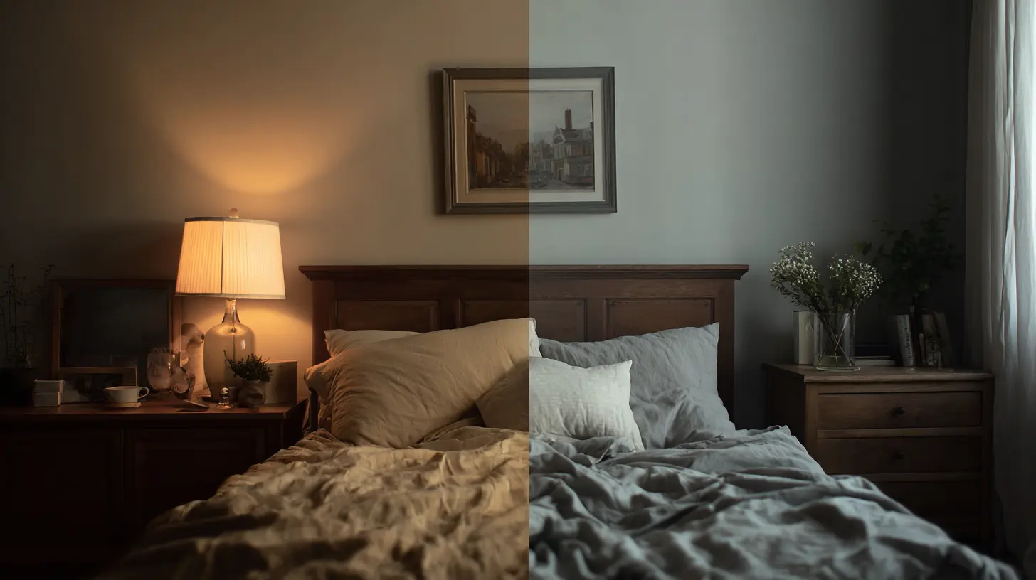 Same bedroom split between warm and cool lighting showing how light changes feng shui bedroom colors.