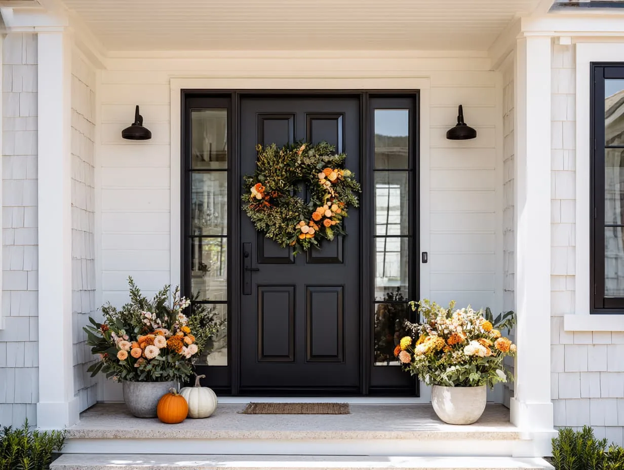 Black front door with a 24-inch seasonal wreath centered at eye level, styled as the foundation of fall front porch decor