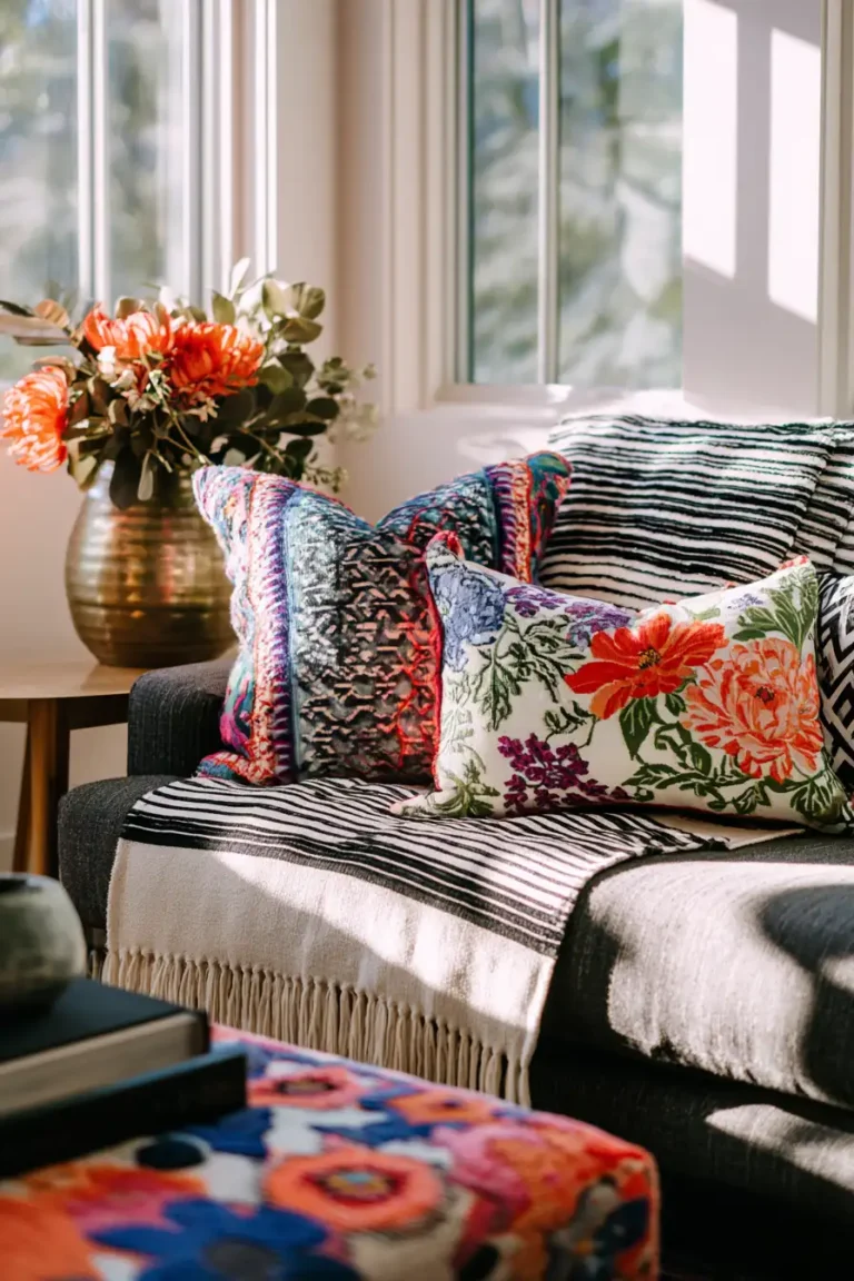 Living room with bold mixed patterns.