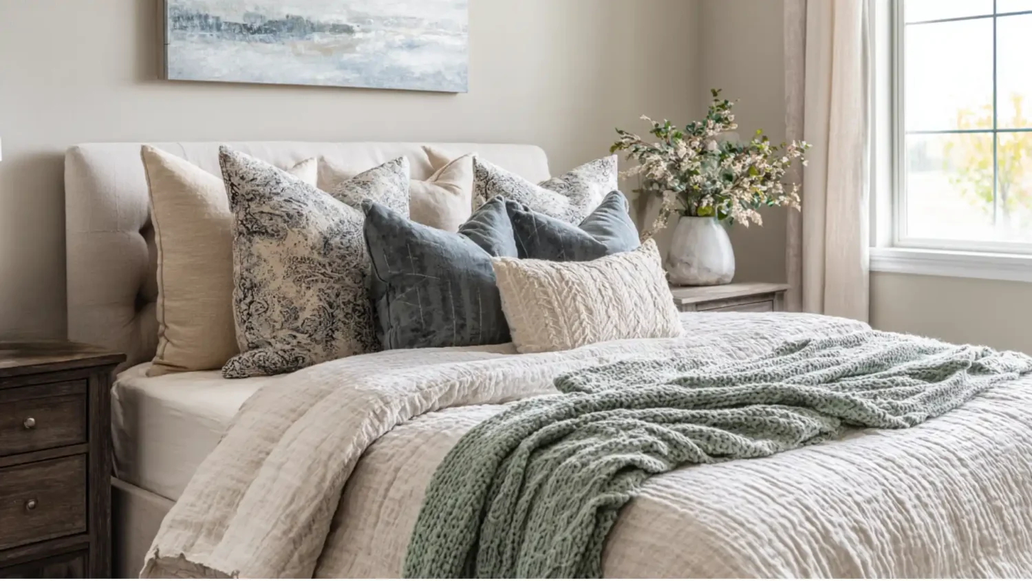 Neutral bedroom with cream bedding and sage green accents showing best bedroom paint colors.