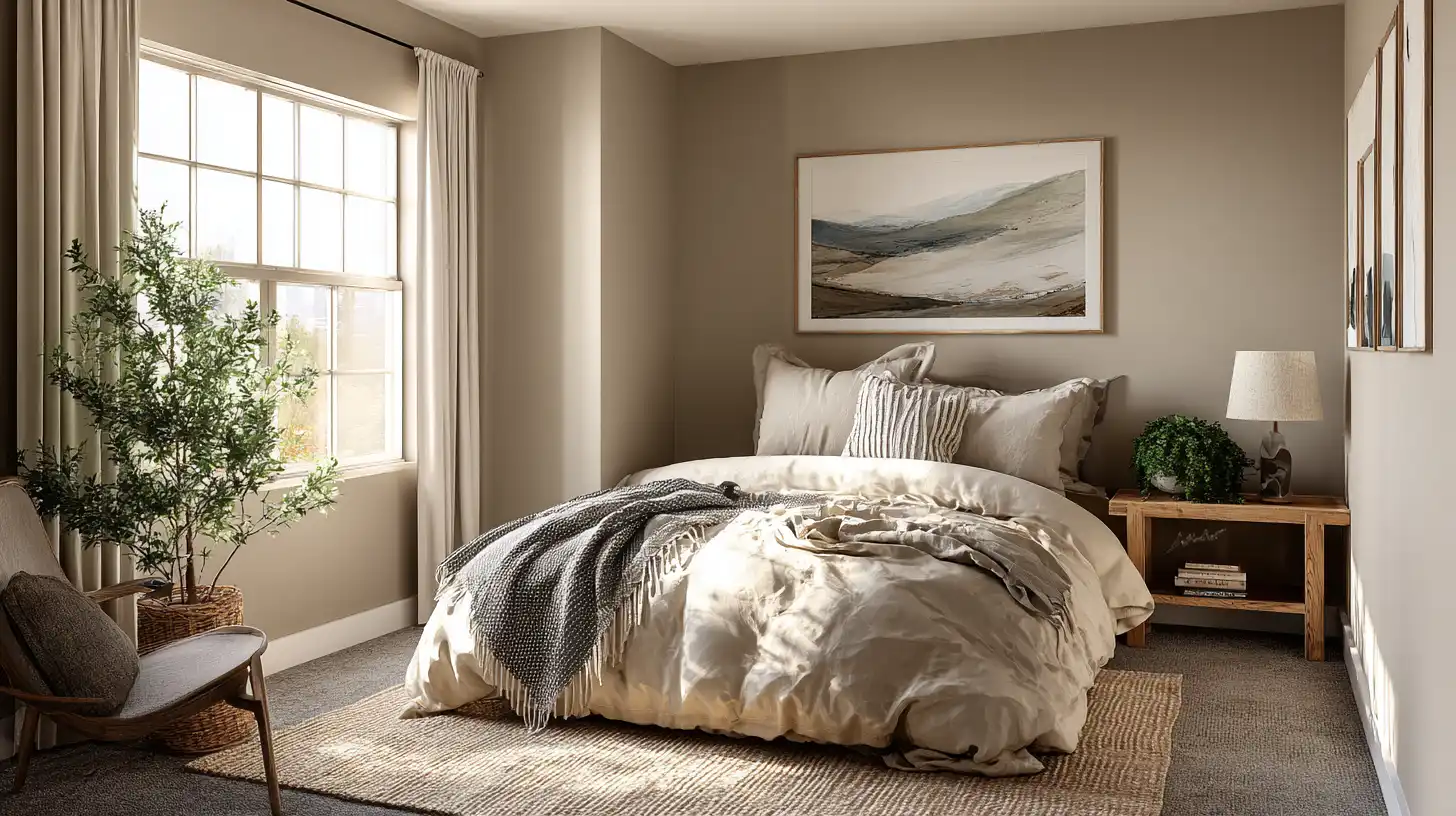 Serene taupe bedroom with warm lamp light reflecting feng shui bedroom colors for rest.