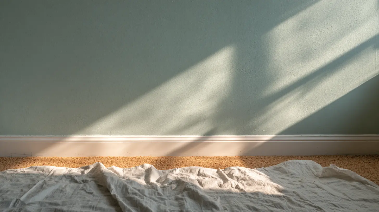 Freshly painted sage green bedroom wall with drop cloth showing how to choose calm paint colors for bedrooms.