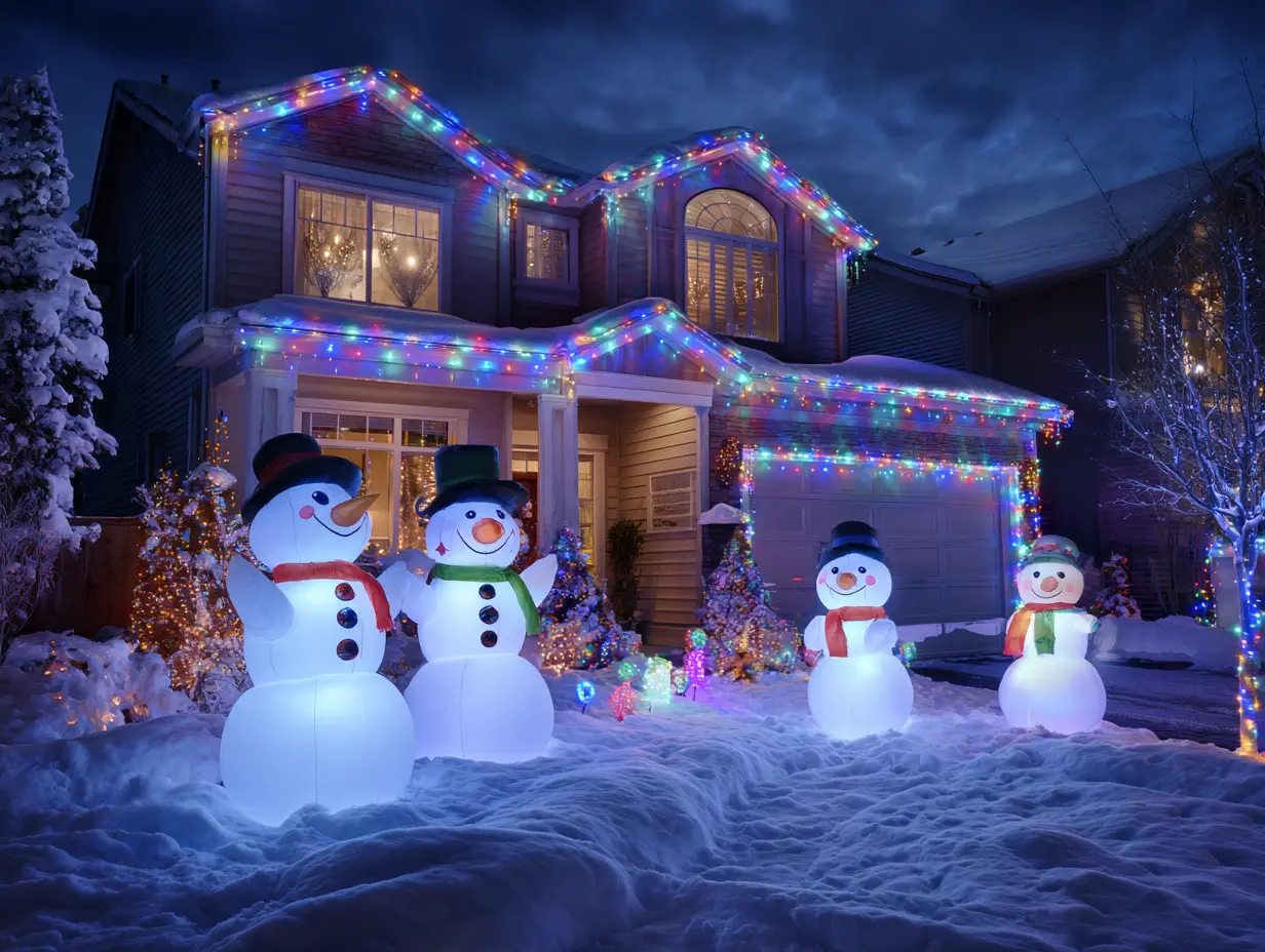 Vibrant modern house decorated with Christmas lighting ideas for house, colorful LED lights on porch, roofline, and yard tree, with playful inflatable snowmen glowing after dark.