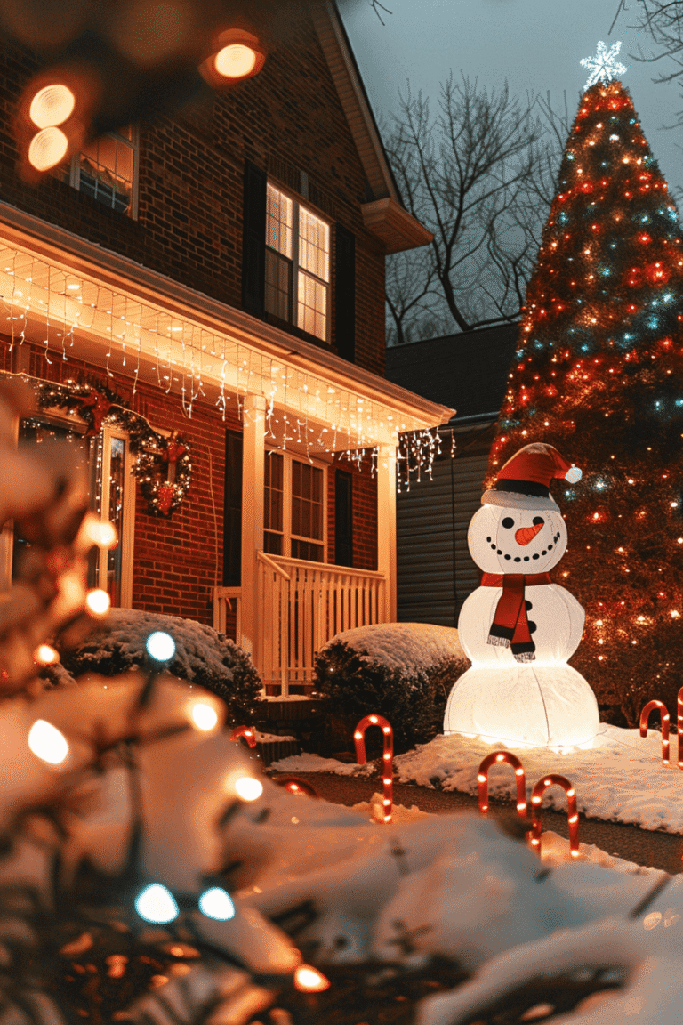 Christmas lighting ideas for house featuring a glowing inflatable snowman, colorful candy cane path lights, and a towering Christmas tree lit with multicolored lights in a snow-covered front yard at dusk.