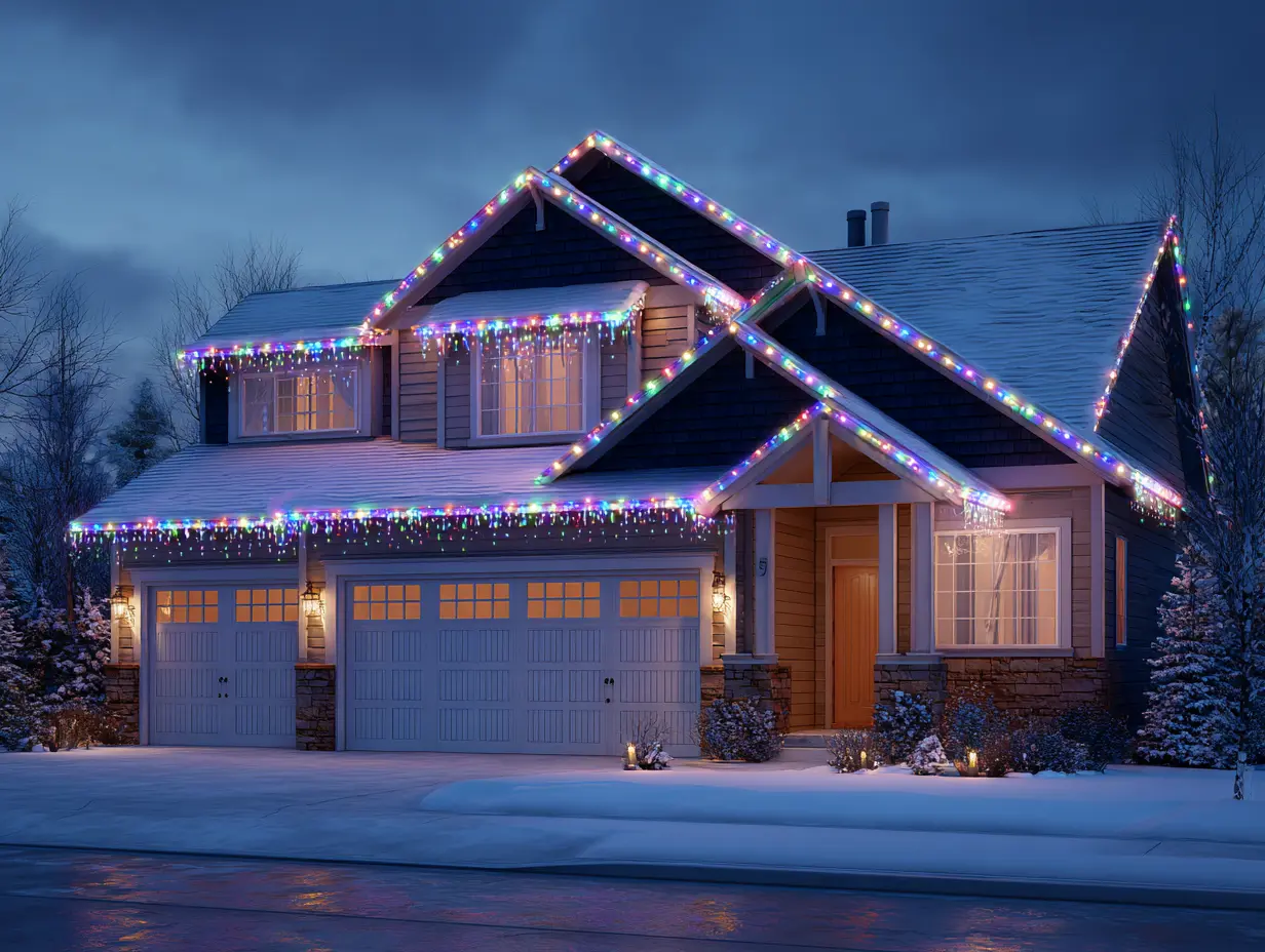 Roofline and gables outlined with front of house Christmas lighting, color-changing icicle lights glowing against a dark winter sky.
