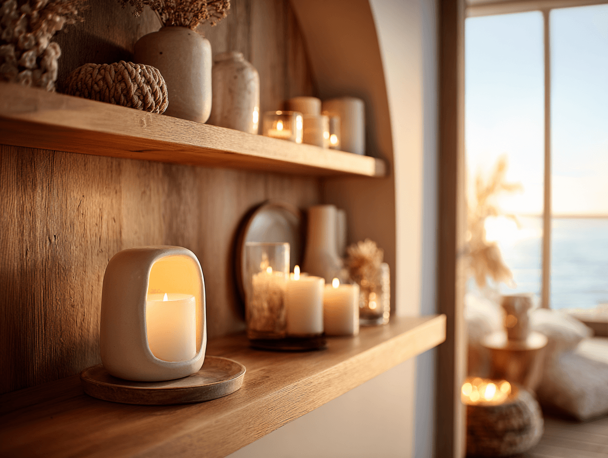 Small ceramic lamp on a hallway table with flameless candles glowing on nearby shelves in a cozy lake house entry